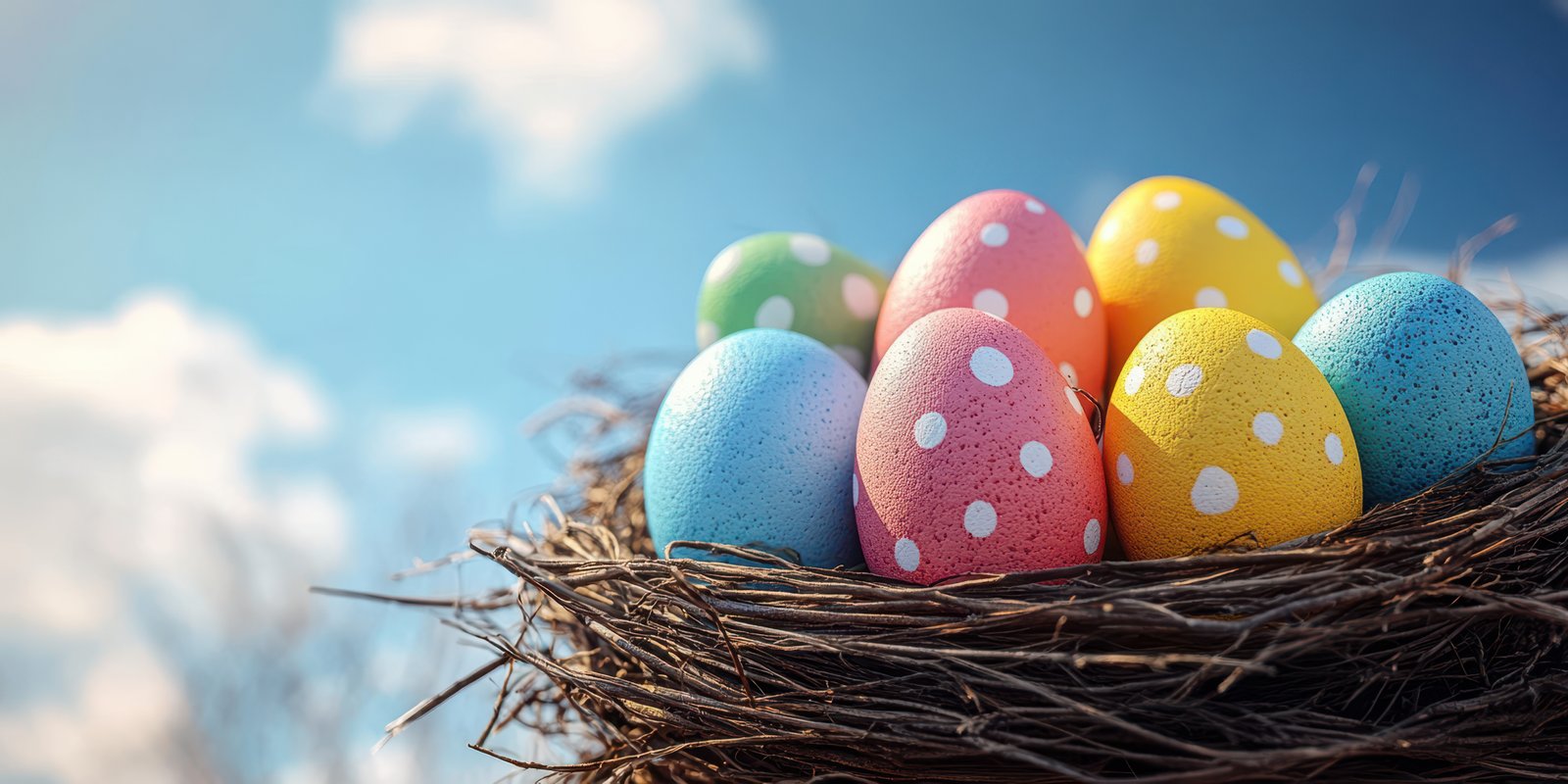 Colorful Easter eggs nestled in a bird's nest against a bright blue sky